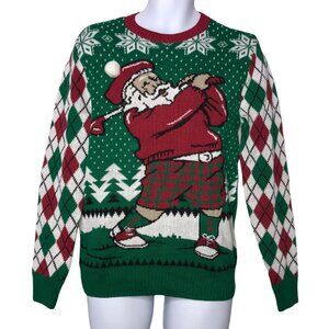 READ NWT Ugly Christmas Sweater Mens S Golfing Santa Party Green Argyle Pullover
